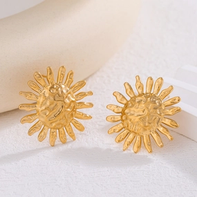 Wholesale 18k gold plated hammered sunflower stainless steel earrings