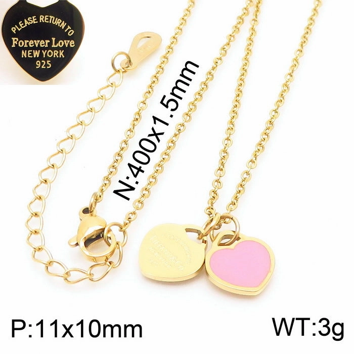 Wholesale 18K Gold-plated Heart-shaped Open Glossy Clavicle Chain Multi-color Epoxy Titanium Steel Ring Set