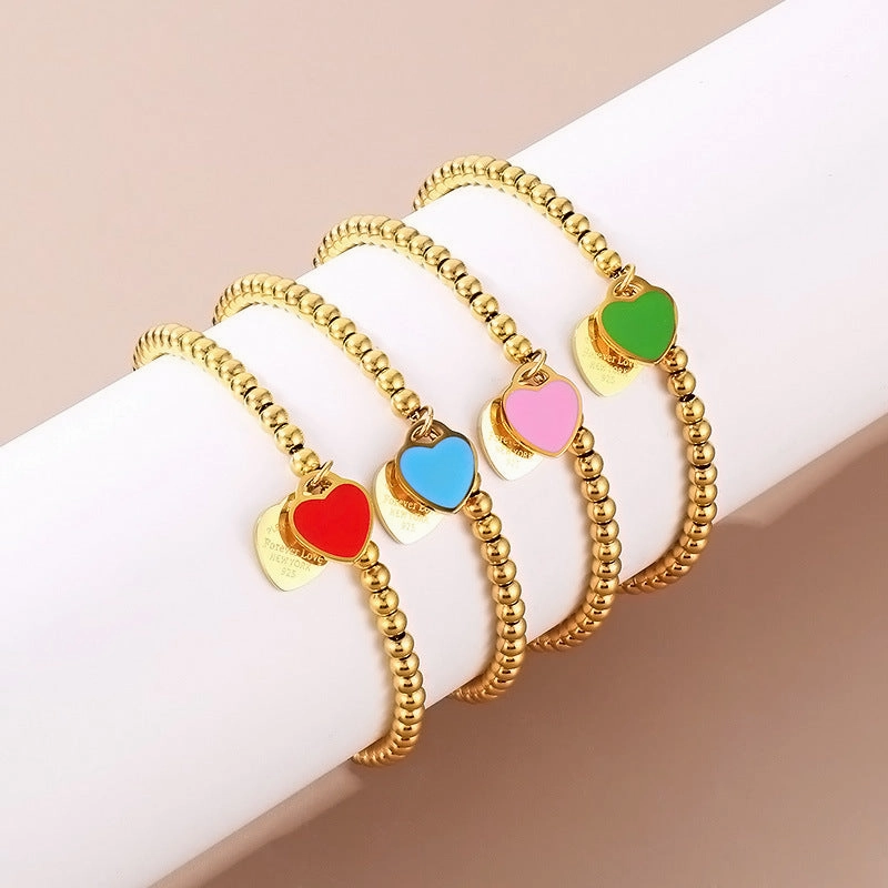 Wholesale 18K Gold-plated Heart-shaped Open Glossy Clavicle Chain Multi-color Epoxy Titanium Steel Ring Set