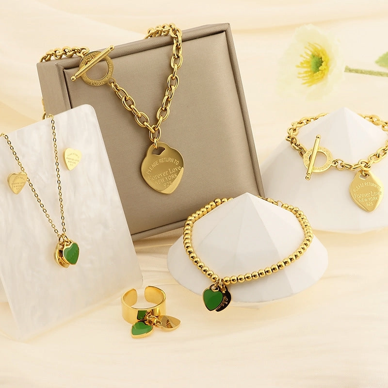 Wholesale 18K Gold-plated Heart-shaped Open Glossy Clavicle Chain Multi-color Epoxy Titanium Steel Ring Set