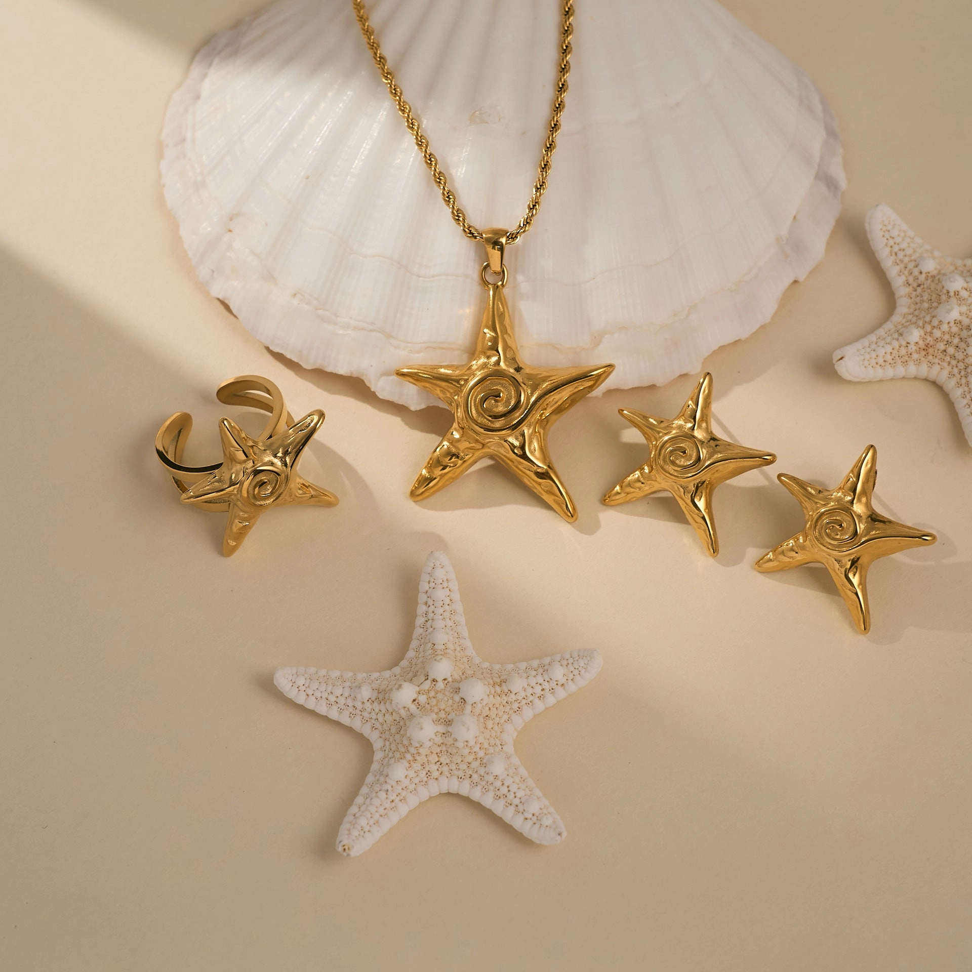 Wholesale 18k gold-plated titanium steel starfish beach necklace earrings set