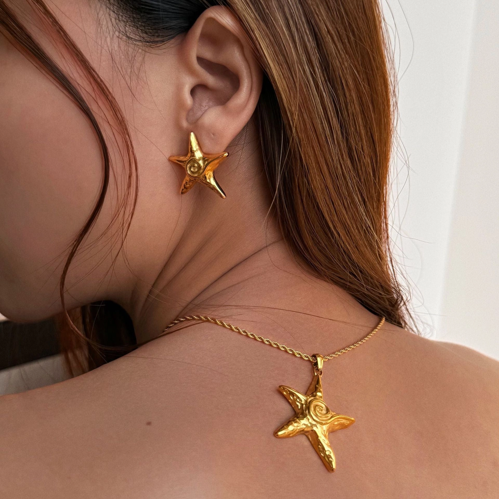 Wholesale 18k gold-plated titanium steel starfish beach necklace earrings set