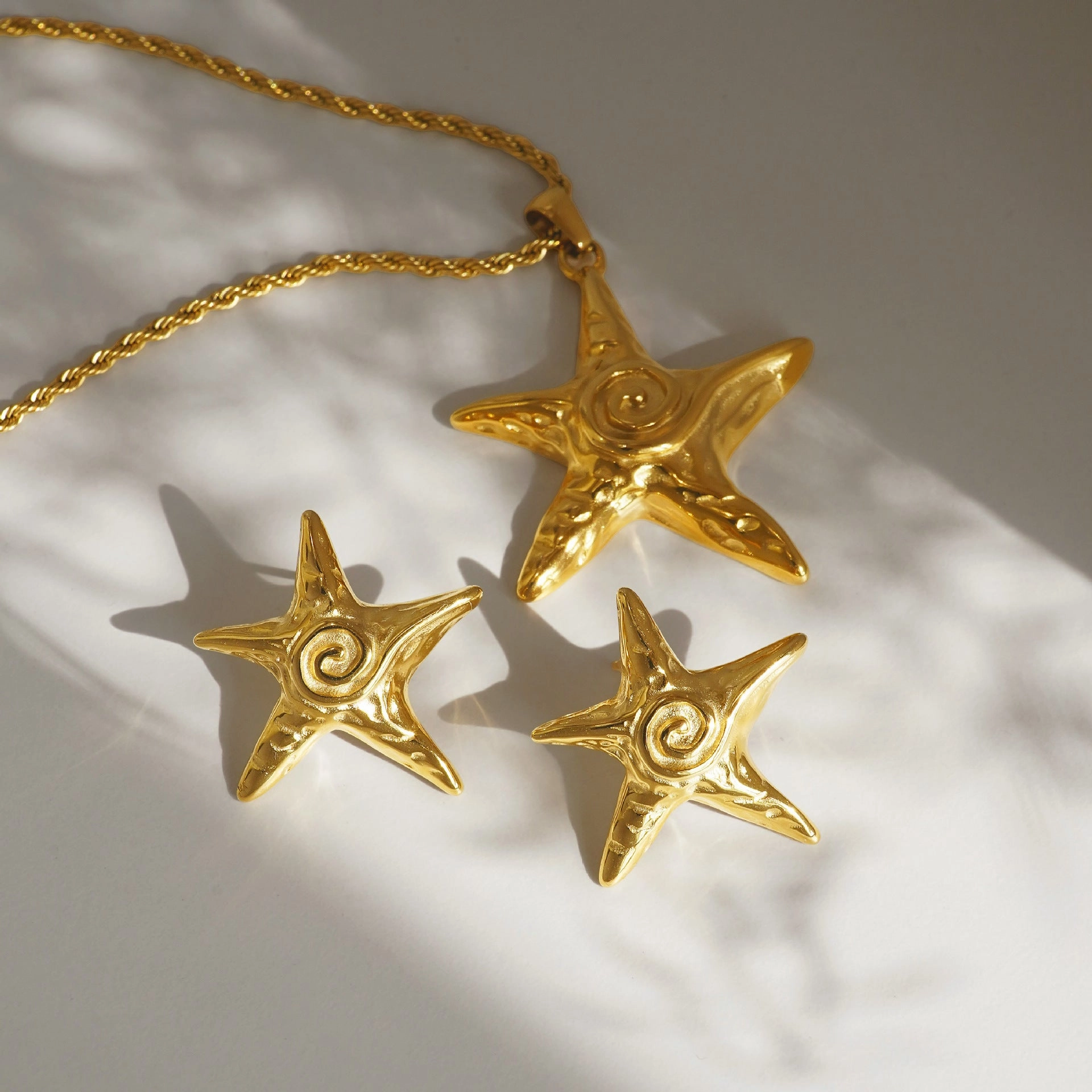 Wholesale 18k gold-plated titanium steel starfish beach necklace earrings set