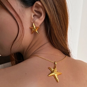 Wholesale 18k gold-plated titanium steel starfish beach necklace earrings set