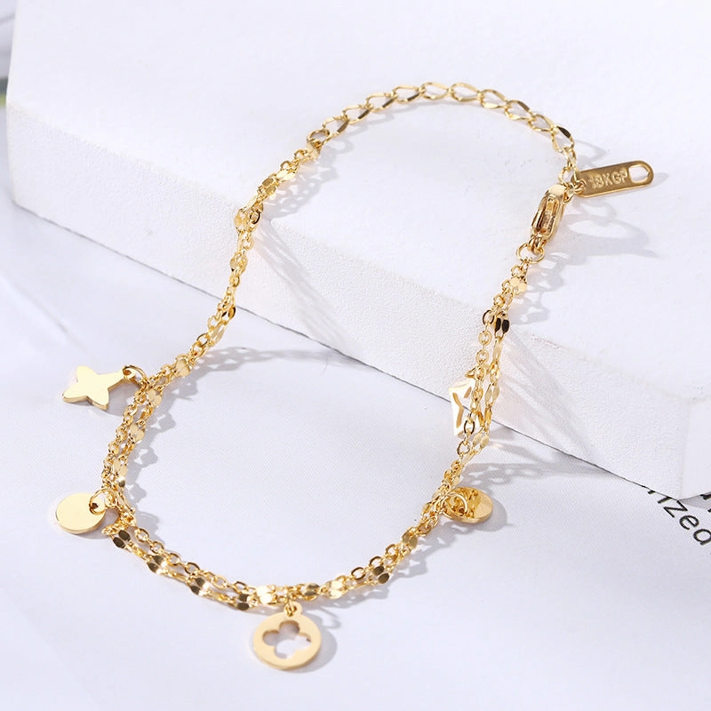 Wholesale 18K gold-plated titanium steel trendy simple geometric tag round bead chain bracelet