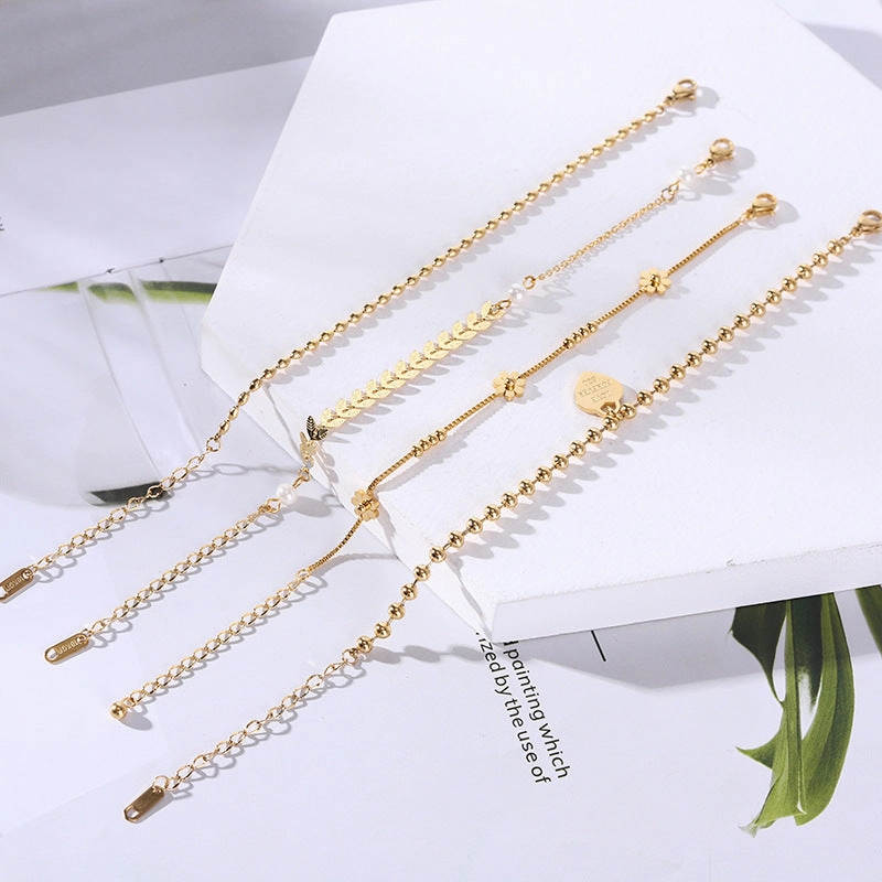 Wholesale 18K gold-plated titanium steel trendy simple geometric tag round bead chain bracelet