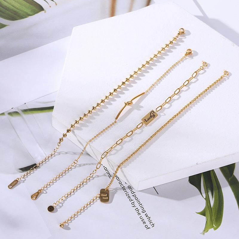 Wholesale 18K gold-plated titanium steel trendy simple geometric tag round bead chain bracelet