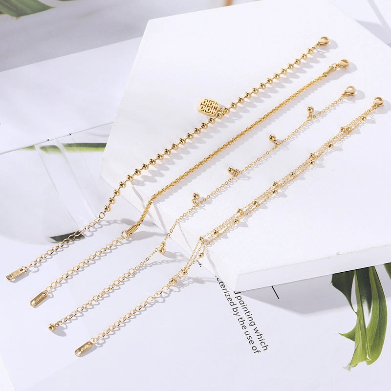 Wholesale 18K gold-plated titanium steel trendy simple geometric tag round bead chain bracelet