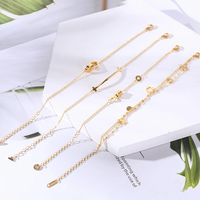 Wholesale 18K gold-plated titanium steel trendy simple geometric tag round bead chain bracelet