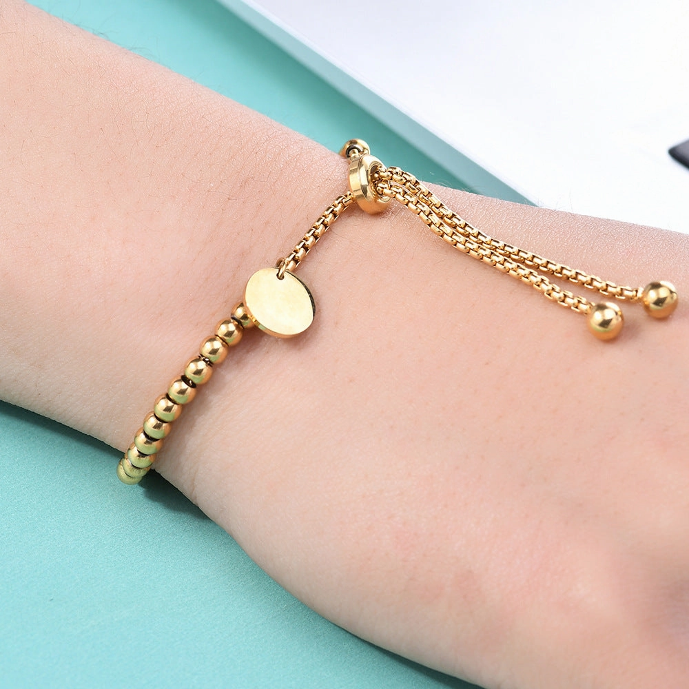 Wholesale 18K Gold Stainless Steel Round Tag Adjustable Ball Bead Engraving Bracelet