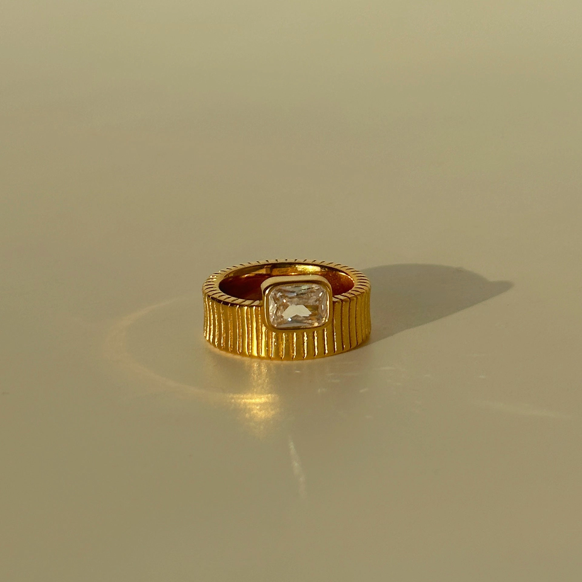 Wholesale 18k Real Gold Electroplated Titanium Steel Emerald Zircon Stripe Ring
