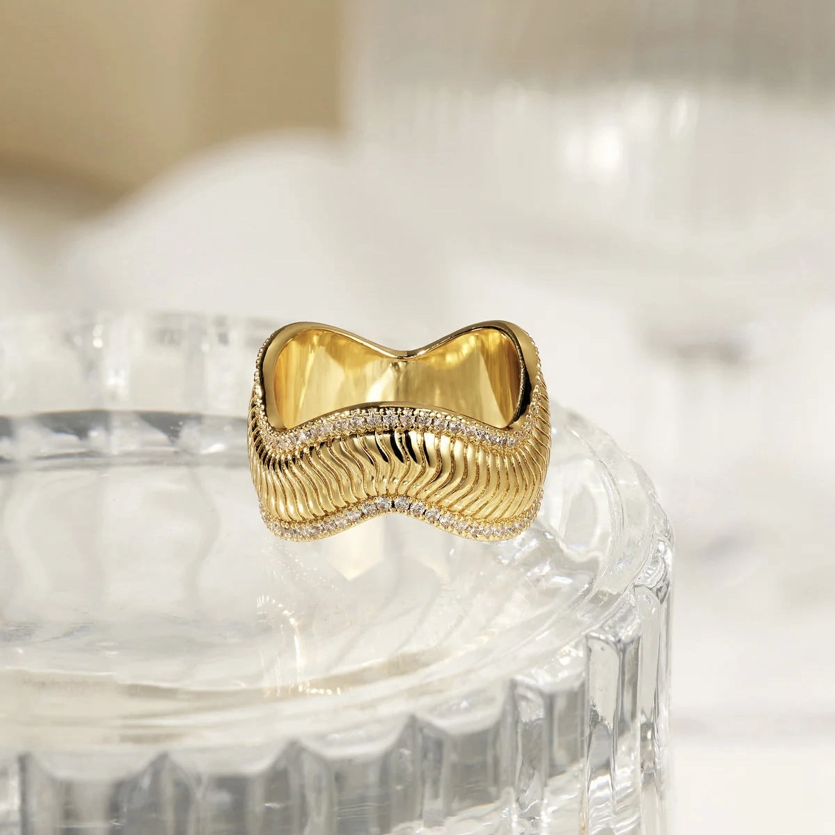 Wholesale 18k Real Gold Plated Titanium Steel Snake Bone Wave Zircon Ring