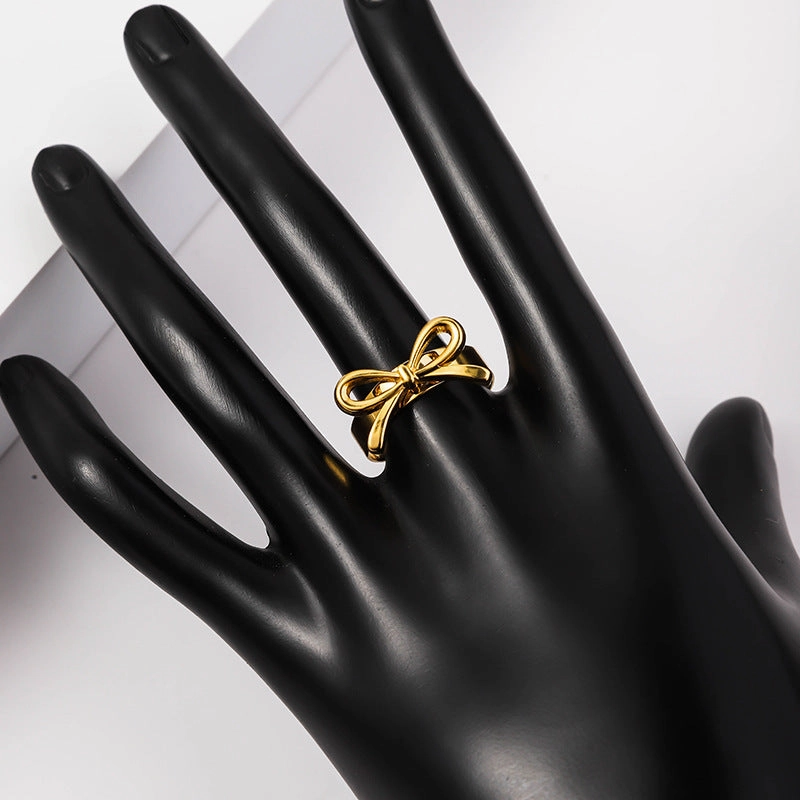 Wholesale 18K stainless steel ribbon knot heart-shaped open adjustable ring