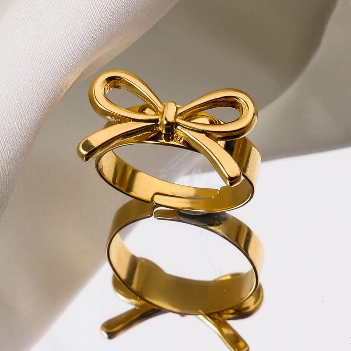 Wholesale 18K stainless steel ribbon knot heart-shaped open adjustable ring