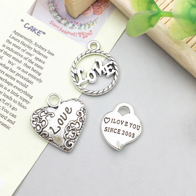 Wholesale 1 Antique Silver Alloy Simulation Heart-shaped English Letter DIY Pendant