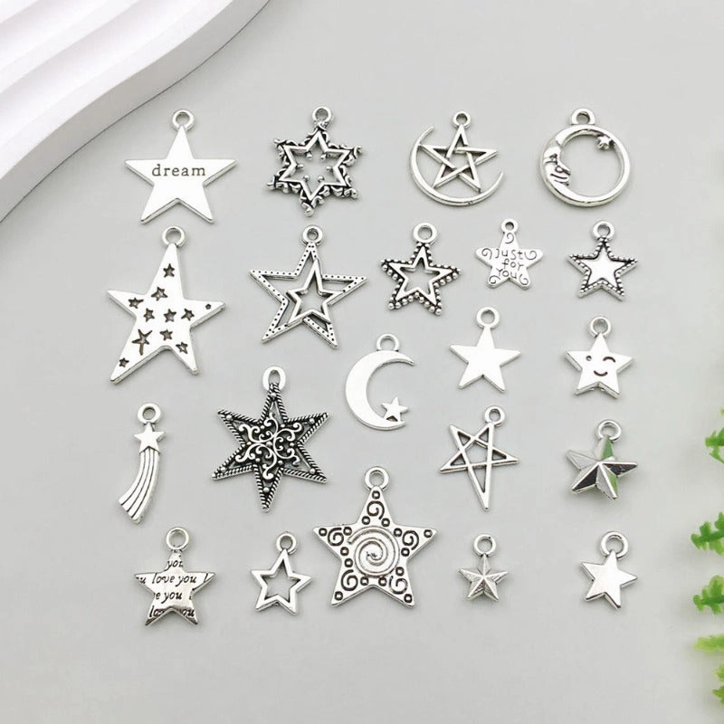 Wholesale 1 Antique Silver Alloy Star Series Simulation Hollow Pentagram DIY Pendant