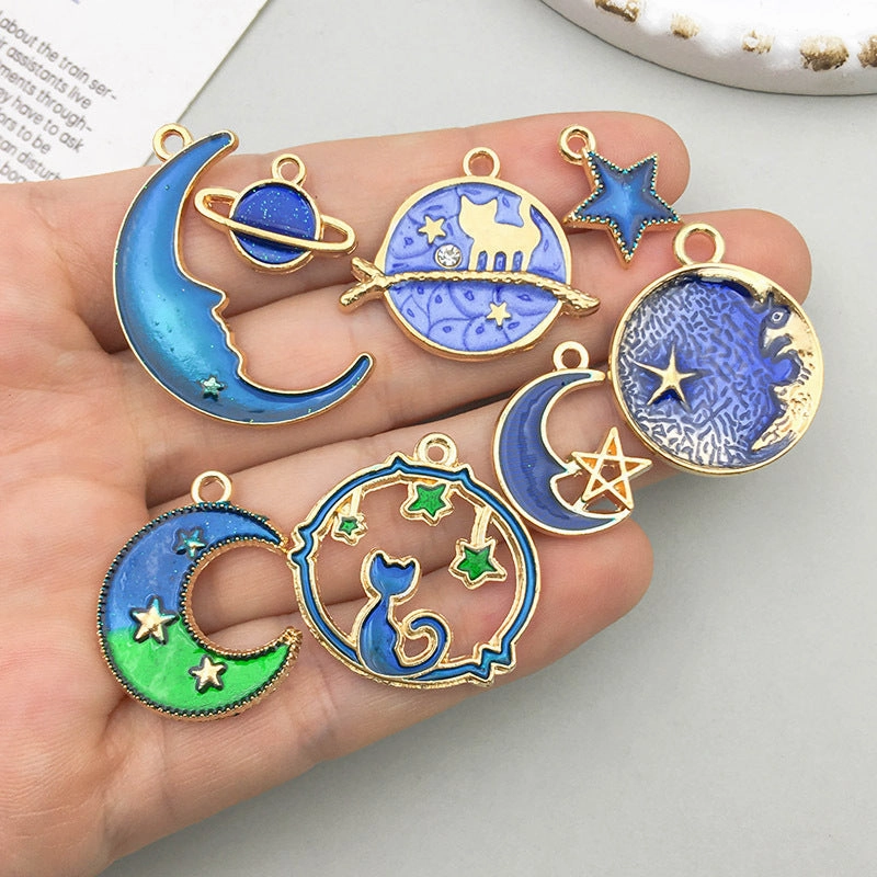 Wholesale 1 Blue Drip Oil Alloy Simulation Moon Star DIY Pendant