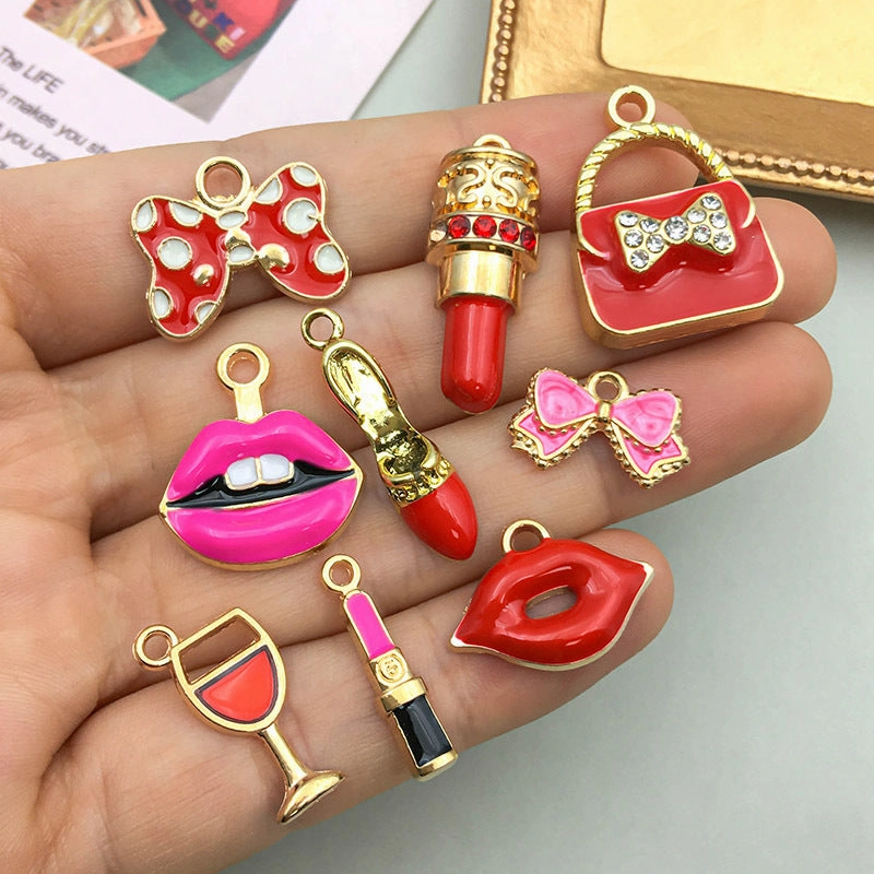 Wholesale 1 Drop Oil Alloy Red Simulated Lipstick Bow DIY Pendant