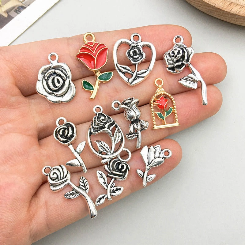 Wholesale 1 Retro Drip Oil Silver Alloy Rose DIY Pendant