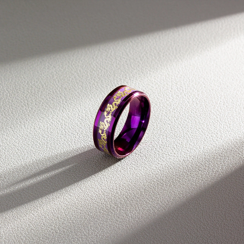 Wholesale 2024  Internet Popular Jewelry Inlaid with Dragon and Phoenix Pattern Purple Titanium Steel Ring Couple's Ring