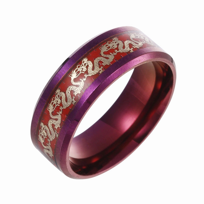 Wholesale 2024  Internet Popular Jewelry Inlaid with Dragon and Phoenix Pattern Purple Titanium Steel Ring Couple's Ring