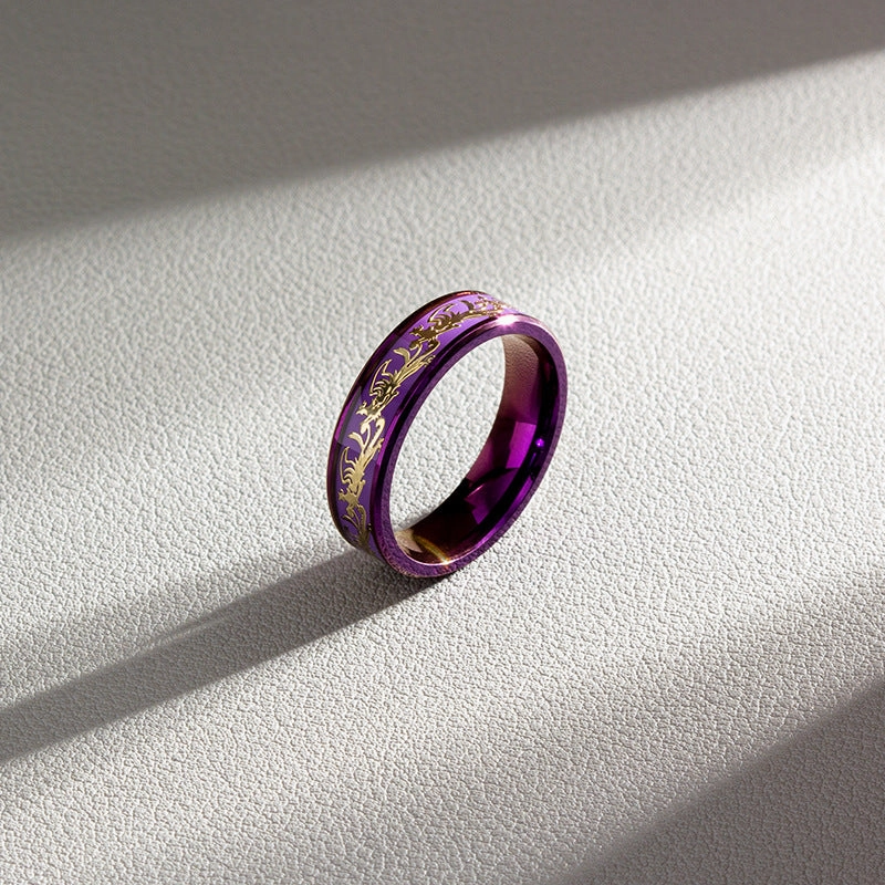 Wholesale 2024  Internet Popular Jewelry Inlaid with Dragon and Phoenix Pattern Purple Titanium Steel Ring Couple's Ring