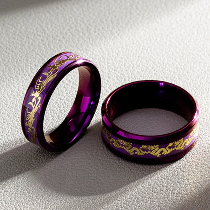 Wholesale 2024  Internet Popular Jewelry Inlaid with Dragon and Phoenix Pattern Purple Titanium Steel Ring Couple's Ring