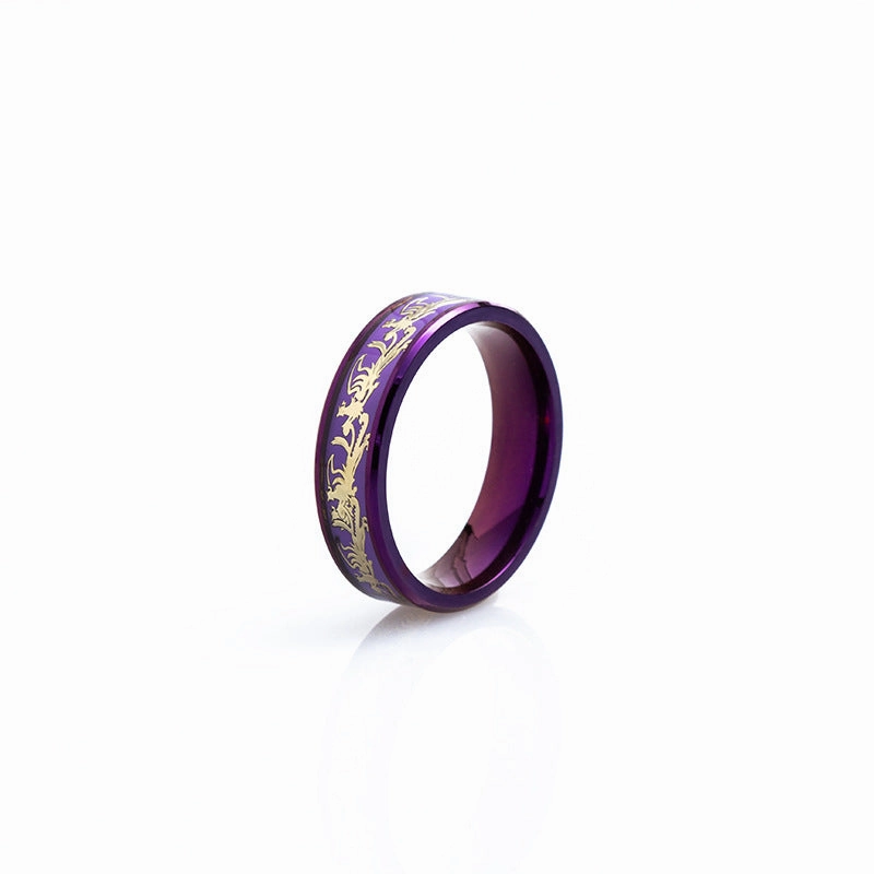 Wholesale 2024  Internet Popular Jewelry Inlaid with Dragon and Phoenix Pattern Purple Titanium Steel Ring Couple's Ring