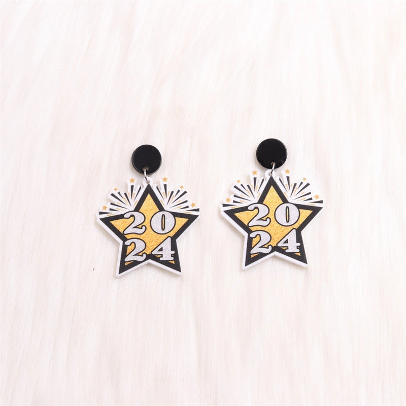 Wholesale 2024 New Year Five-Pointed Star Wine Glass Snowflake Acrylic Earrings