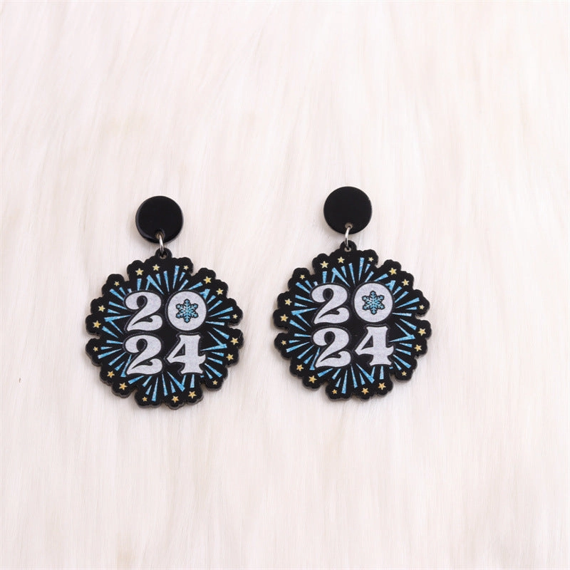 Wholesale 2024 New Year Five-Pointed Star Wine Glass Snowflake Acrylic Earrings
