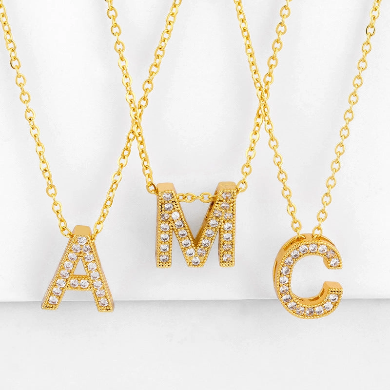 Wholesale 26 English Alphabets Gold-plated Necklaces with Diamonds
