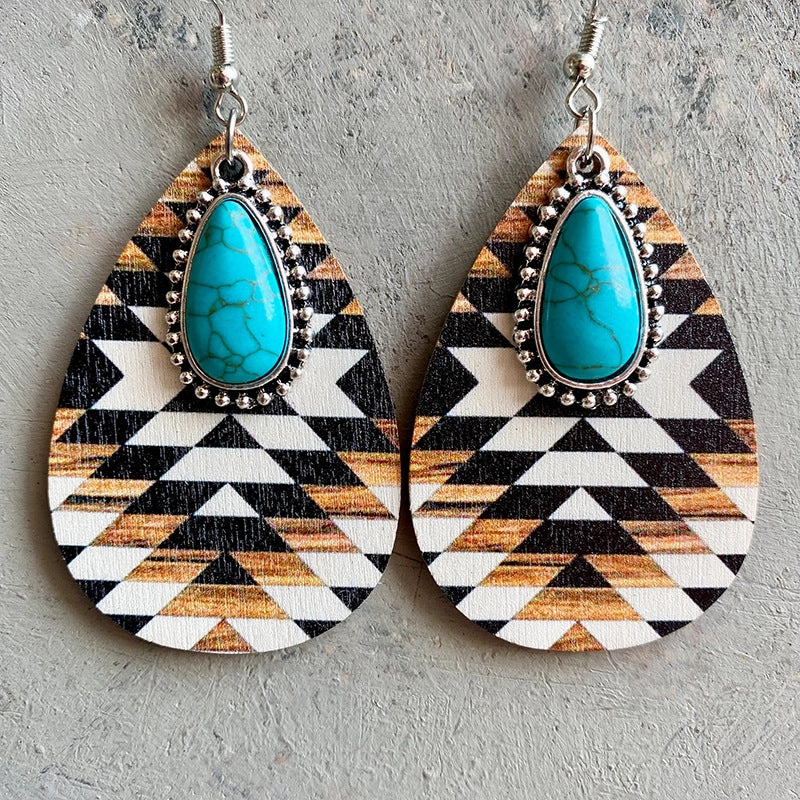 Wholesale 2 Pairs/Pack Turquoise Pendant Vintage Wood Earrings