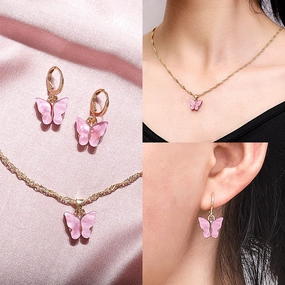 Wholesale 2pcs/pack Fashionable New Acrylic Butterfly Necklace Earrings Super Fairy Tassel Necklace Set