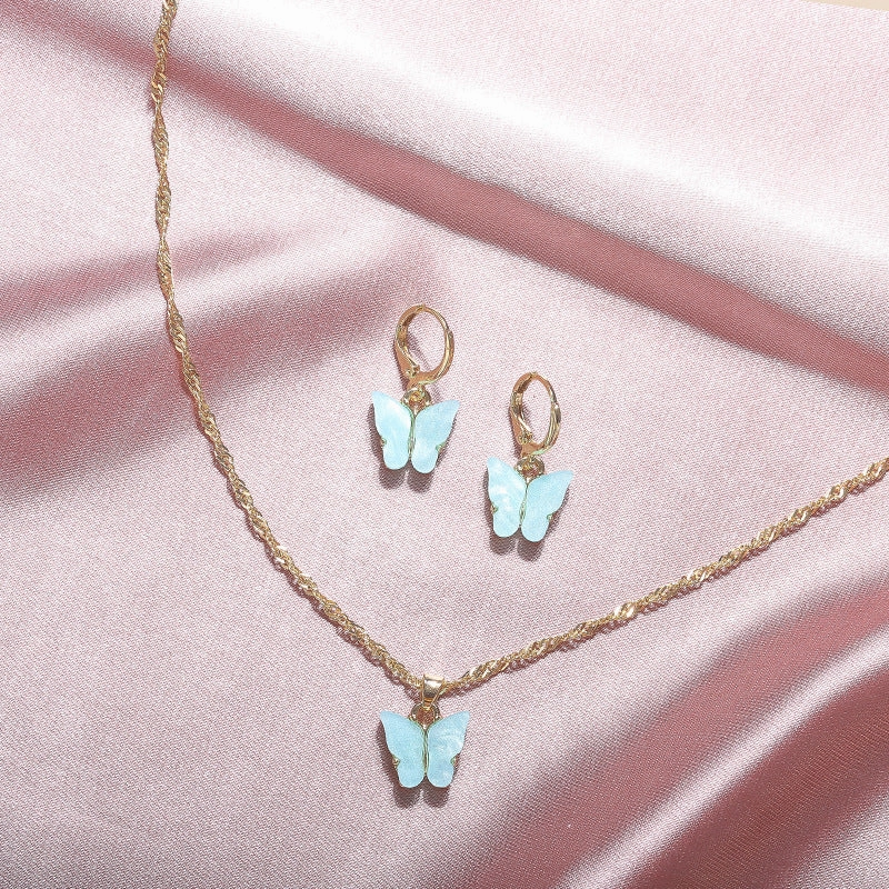 Wholesale 2pcs/pack Fashionable New Acrylic Butterfly Necklace Earrings Super Fairy Tassel Necklace Set