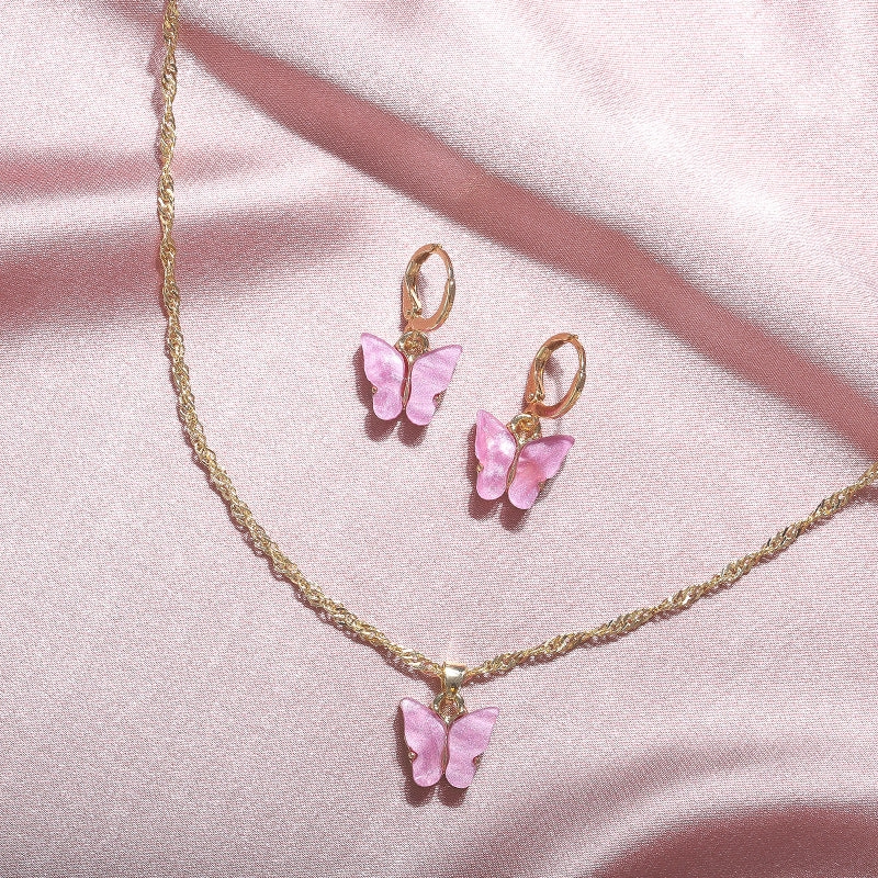 Wholesale 2pcs/pack Fashionable New Acrylic Butterfly Necklace Earrings Super Fairy Tassel Necklace Set