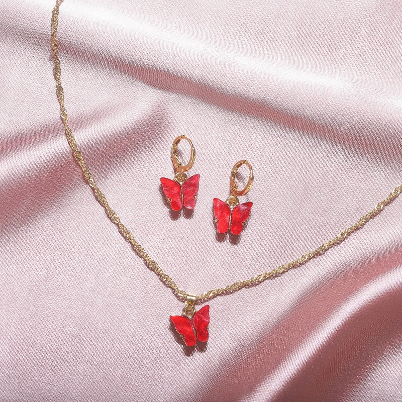 Wholesale 2pcs/pack Fashionable New Acrylic Butterfly Necklace Earrings Super Fairy Tassel Necklace Set