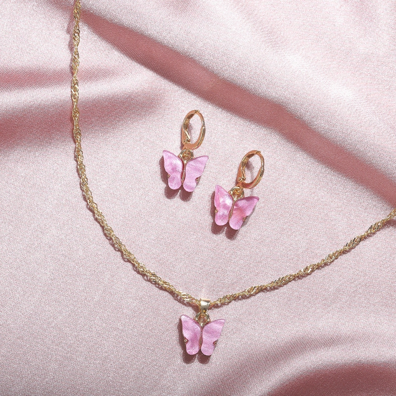 Wholesale 2pcs/pack Fashionable New Acrylic Butterfly Necklace Earrings Super Fairy Tassel Necklace Set