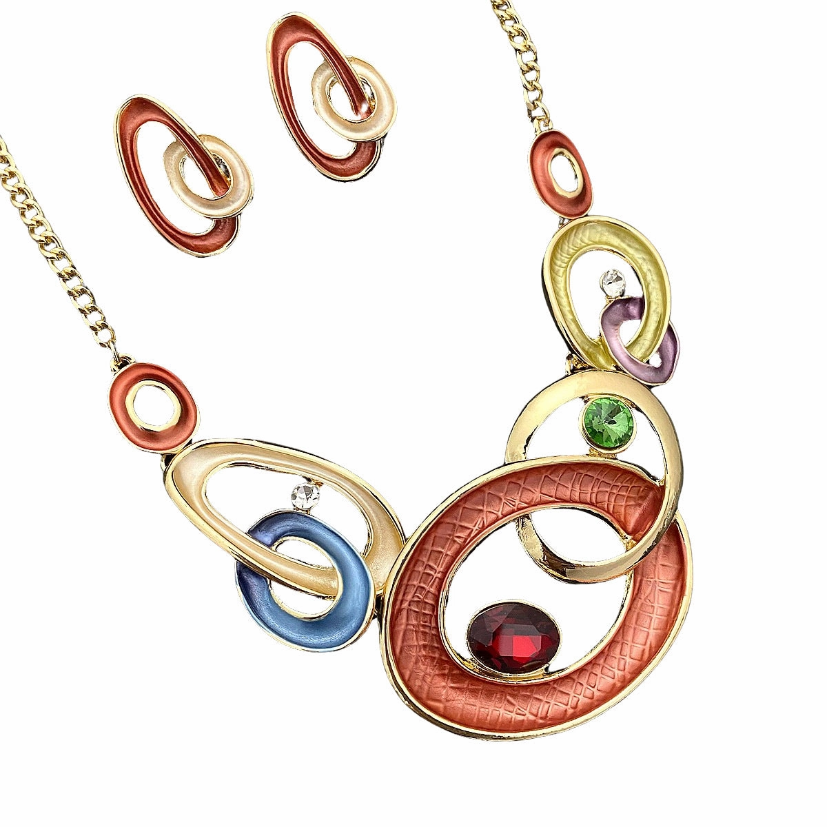 Wholesale 2pcs Popular Color Painting Oil Geometric Hollow Round Stud Earring Necklace Set