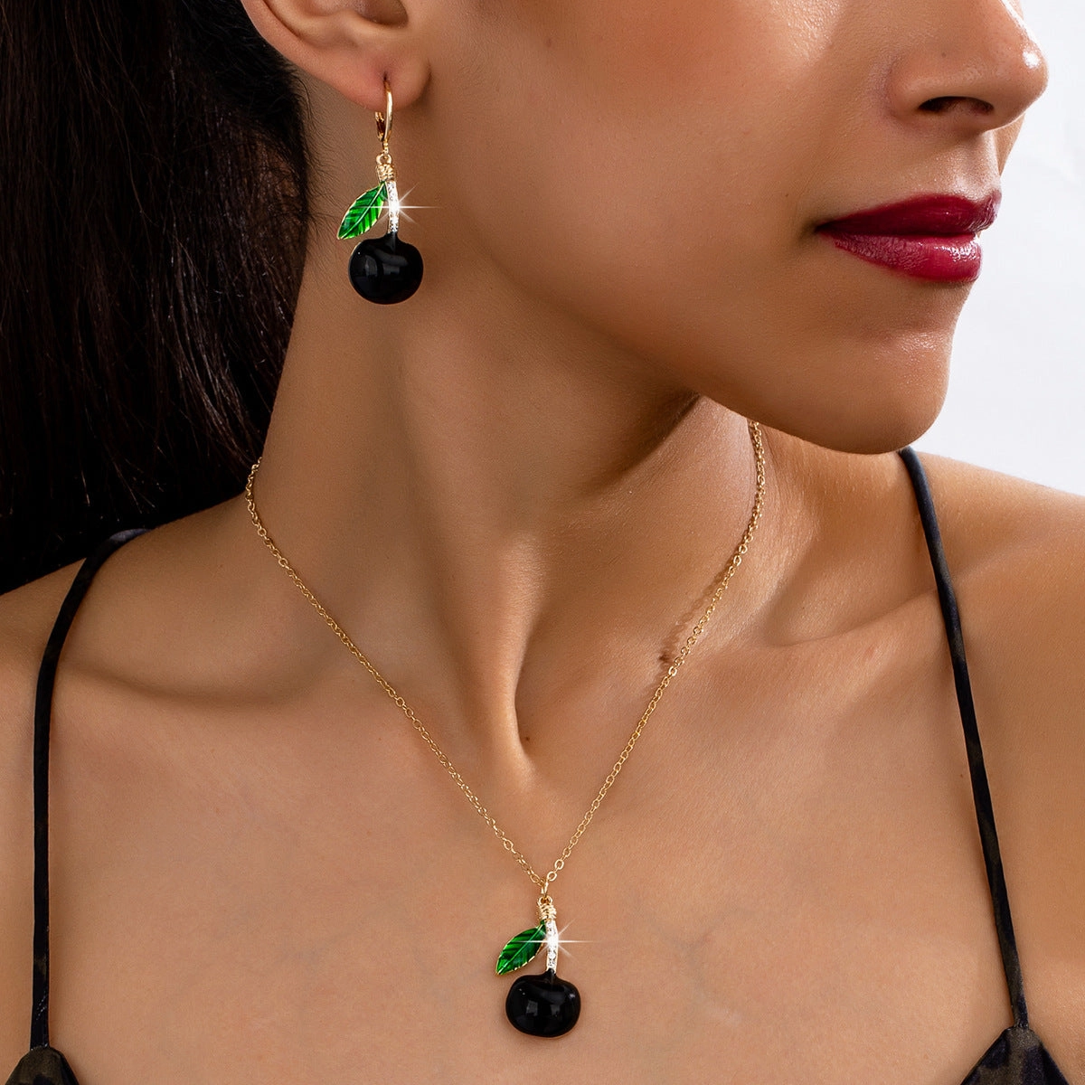 Wholesale 3 pcs/set Fashion Elegant Luxury Rhinestone Cherry Necklace Earrings