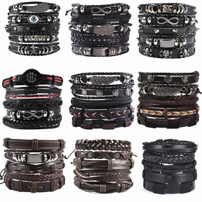 Wholesale 3PCS Leather Handwoven Men's Bracelets