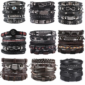 Wholesale 3PCS Leather Handwoven Men's Bracelets