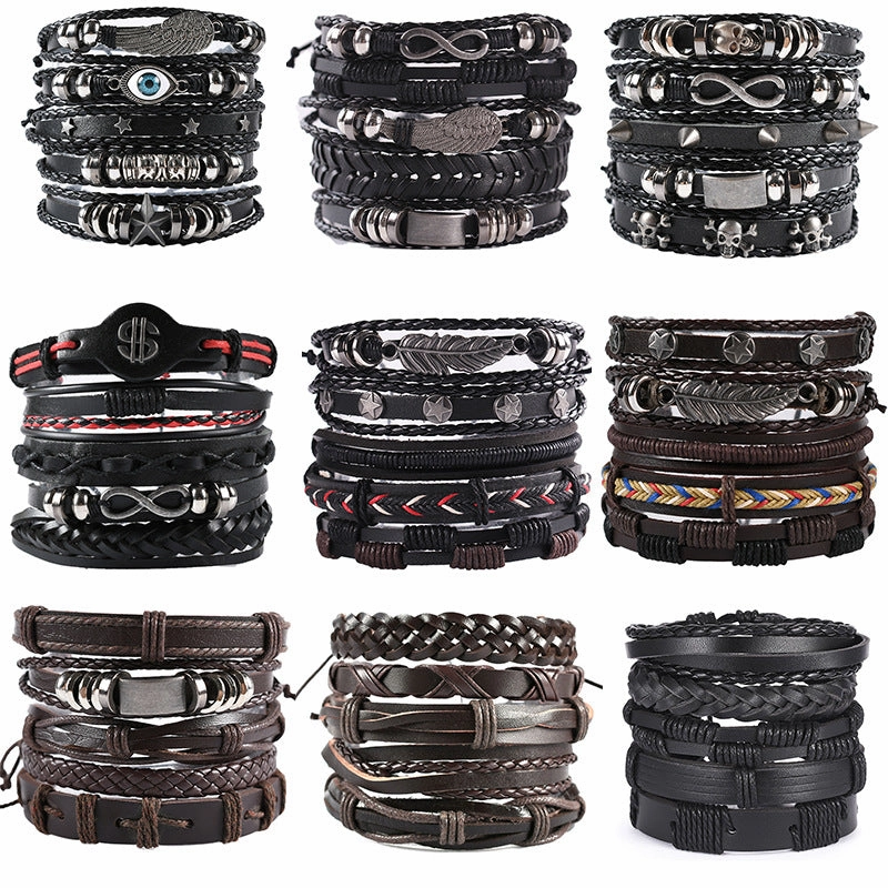 Wholesale 3PCS Leather Handwoven Men's Bracelets