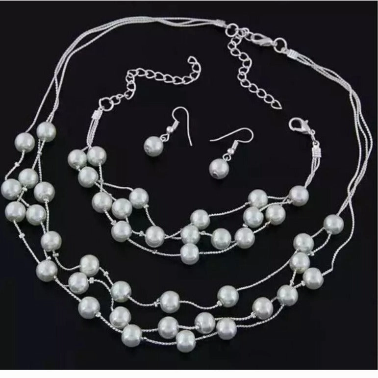 Wholesale 3pcs/pack Fashionable Sweet Pearl Multi-layered Temperament Necklace Earrings Bracelet Set