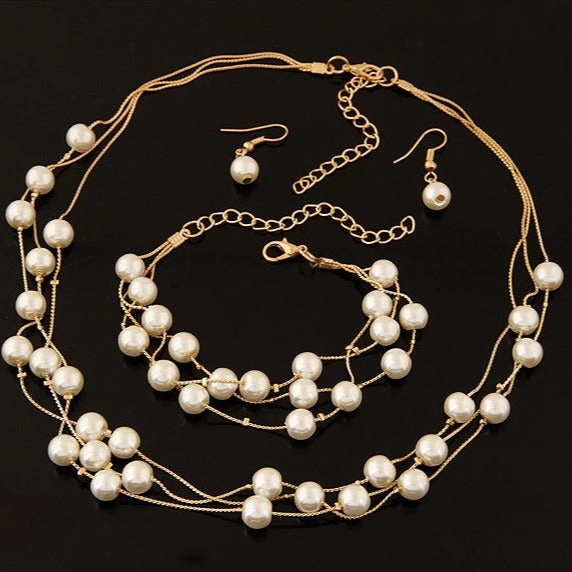 Wholesale 3pcs/pack Fashionable Sweet Pearl Multi-layered Temperament Necklace Earrings Bracelet Set