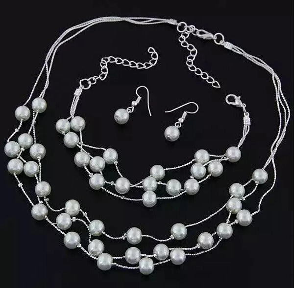 Wholesale 3pcs/pack Fashionable Sweet Pearl Multi-layered Temperament Necklace Earrings Bracelet Set