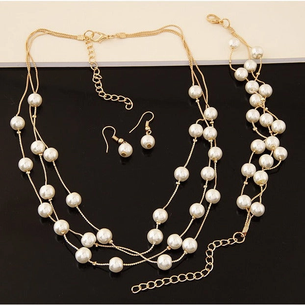 Wholesale 3pcs/pack Fashionable Sweet Pearl Multi-layered Temperament Necklace Earrings Bracelet Set