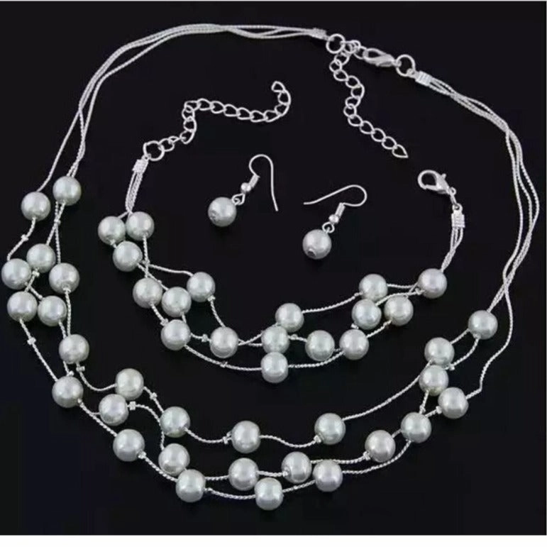 Wholesale 3pcs/pack Fashionable Sweet Pearl Multi-layered Temperament Necklace Earrings Bracelet Set