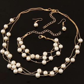 Wholesale 3pcs/pack Fashionable Sweet Pearl Multi-layered Temperament Necklace Earrings Bracelet Set