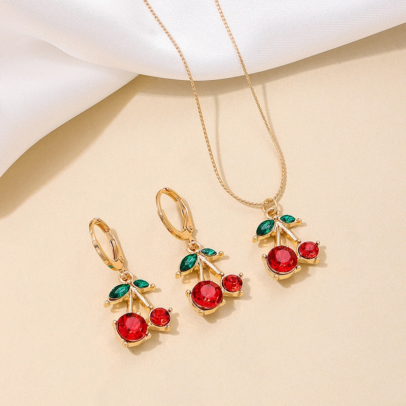 Wholesale 3pcs/set Set Summer Sweet Cute Metal Red Cherry Necklace Earrings