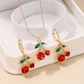 Wholesale 3pcs/set Set Summer Sweet Cute Metal Red Cherry Necklace Earrings